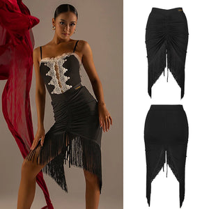 Women's Black Ruched Fringe Asymmetrical Latin Dance Skirt