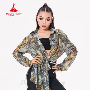 Women's Brown Leopard Print Mesh Tie-Front Long Sleeve Latin Dance Top