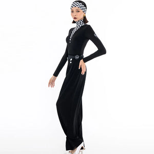 Women's Black & White Checkered Long Sleeve Turtleneck Bodysuit with Pleated Pants, Ballroom Dance