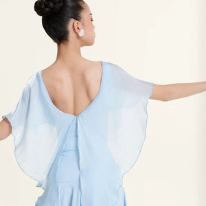 Girls' Light Blue Ballroom Latin Dance Dress with Chiffon Cape Sleeves and Bow Detail