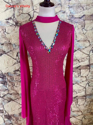 Women's Fuchsia Sequin & Chiffon Latin Ballroom Dance Dress with Halter Neck and Flowing Sleeves