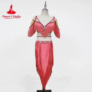 Women's Hot Pink Fringe Sequin Asymmetrical Skirt Latin Dance Dress