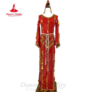 Women's Red Sequin & Gold Coin Belly Dance Dress with Hood