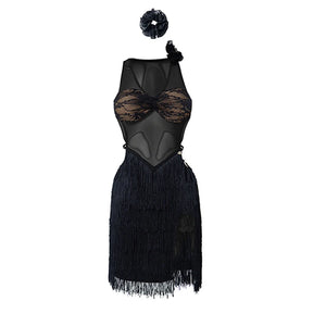 Women's Black Mesh Lace Fringe Latin Dance Dress
