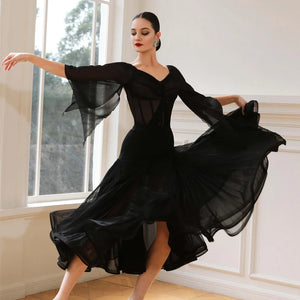 Women's Black Mesh & Chiffon Ballroom Dance Dress with Bell Sleeves
