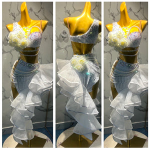 Latin Dance Dress Women White Rhinestone Ruffled Organza Salsa Rumba Cha Cha Competition Costume