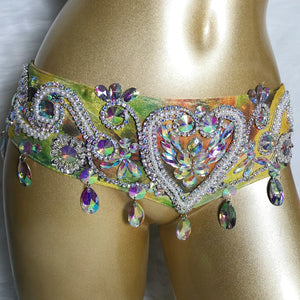Women's Gold Ombre Sequin Rhinestone Halter Bra & Belt Set, Belly Dance