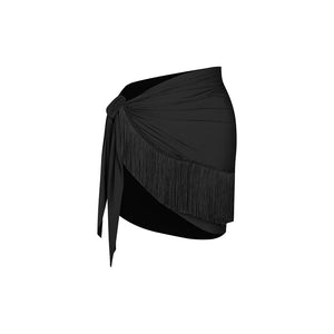 Women's Black Mesh Long Sleeve Halter Neck Bodysuit with Fringe Wrap Skirt Latin Dance Dress