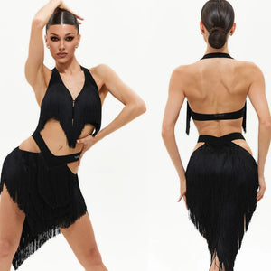 Women's Black Fringe Halter Top and Asymmetrical Skirt Latin Dance Set