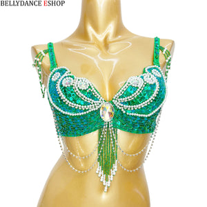 Women's Red Sequin & Pearl Beaded Belly Dance Bra Top with Shoulder & Waist Chains