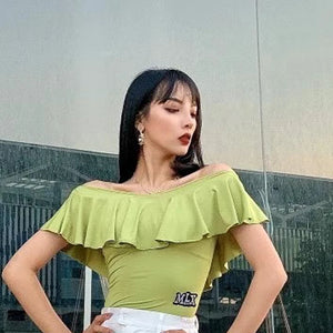 Women's Black & White Off-Shoulder Ruffle Latin Dance Top with Crisscross Back