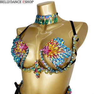 Belly Dance Women's Black and White Sequin Mesh Skirt and Rhinestone Bra Set, Carnival Festival Costume