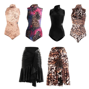 Women's Black & Leopard Print Sleeveless Mock Neck Bodysuit & Ruffled Skirt Latin Dancewear