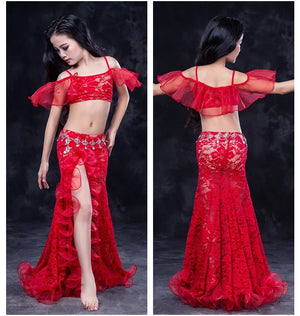 Girls Red Lace Ruffle Belly Dance Costume Set