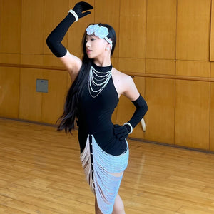 Women's Black Halter Neck Pearl Fringe Latin Dance Dress