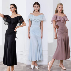 Women's Black Off-Shoulder Ruffled Ruched Ballroom Dance Dress, Light Blue Off-Shoulder Ruffled Ruched Ballroom Dance Dress, Mauve Off-Shoulder Ruffled Ruched Ballroom Dance Dress