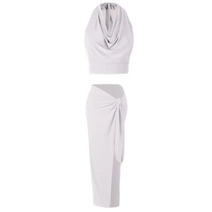 Women's White Halter Neck Draped Cowl Neck High Slit Ruched Maxi Dress for Latin Dance