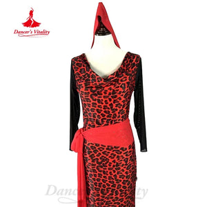 Women's Red Leopard Print Mesh Sleeve Cowl Neck Latin Dance Dress with Sash
