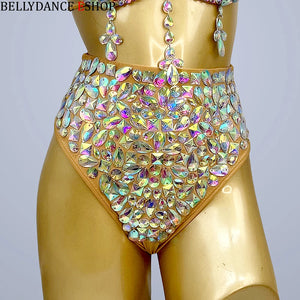 Belly Dance Costume Women's Iridescent Sequin & Rhinestone Bra and High-Waisted Briefs Set - Latin Samba Rave Performance