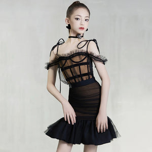Girls Black and Nude Mesh Ruffled Off-Shoulder Corset Style Latin Dance Dress