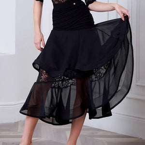 Women's Black Lace & Chiffon Ballroom Dance Dress with Ruched Waist and Tiered Skirt