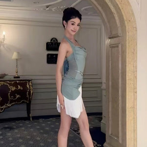 Women's Sage Green Halter Cowl Neck Ruched Fringe Mini Latin Dance Dress