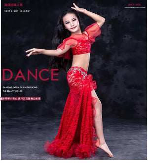 Girls Red Lace Ruffle Belly Dance Costume Set
