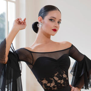 Women's Black Off-Shoulder Lace & Chiffon Ruffled Sleeve Ballroom Dance Dress