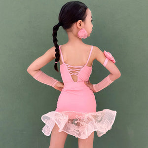 Girls Pink Lace Floral Mesh Latin Dance Dress with Arm Sleeves and Skirt Ruffle