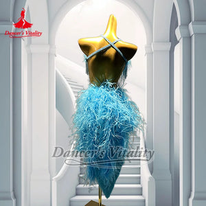 Women's Azure Ostrich Feather & Fringe Latin Dance Dress