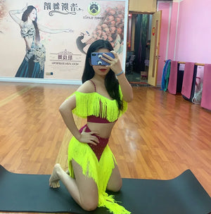 Women's Hot Pink & Yellow Fringe Belly Dance Costume Set with Off-Shoulder Top and High-Slit Skirt