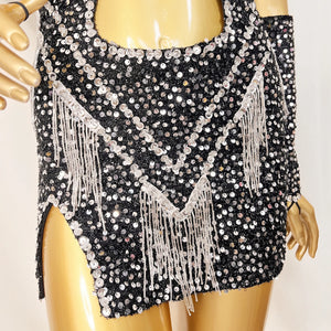 Women's Black Sequin Fringe Cutout Mini Dress Belly Dance Costume