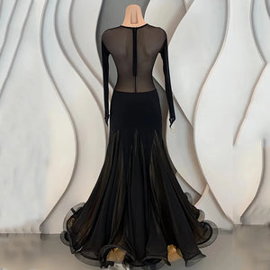 Women's Black & Gold Sheer Mesh Sweetheart Cutout Long Sleeve Ballroom Dance Dress