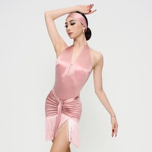 Women's Ivory Satin Halter Neck Leotard with Headband, Ballroom Dance