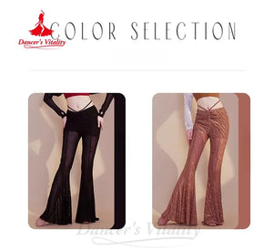 Women's Brown Sheer Zebra Print Ruched Flare Dance Pants for Belly Dance