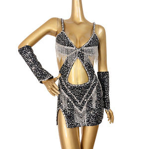 Women's Black Sequin Fringe Cutout Mini Dress Belly Dance Costume