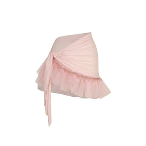 Women's Black, Pink, Ivory Long Sleeve V-Neck Wrap Bodysuit with Ruffled Tulle & Satin Tie Skirt for Latin Ballroom Dance