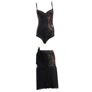 Women's Black & Bronze Snake Print Fringe Latin Dance Dress with Pleated Fan Detail