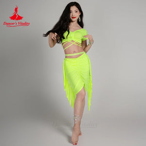 Belly Dance Costume Women's Neon Green Short Sleeve Crop Top with Criss-Cross Straps and Ruched Fringe Skirt