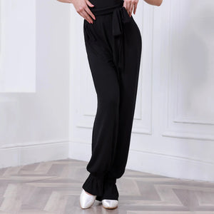 Women's Black Short Sleeve Boat Neck Dance Top and Wide Leg Ruffle Hem Pants Set for Latin Ballroom