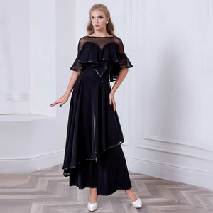 Women's Black Sheer Ruffle Ballroom Dance Top and Wide Leg Pants Set