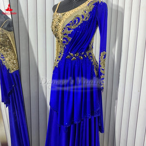 Ballroom Dance Dress Women's Royal Blue & Gold Embellished Asymmetrical Long Sleeve Standard Waltz Gown