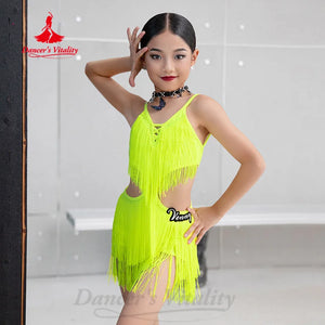 Girls Latin Dance Dress, Neon Green Fringe Cutout Rumba Samba Cha Cha Costume