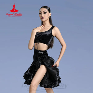 Women's Black Satin Cutout Crop Top & Ruffled Skirt Latin Dance Set