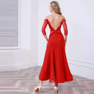 Women's Red Lace Off-Shoulder Ballroom Dance Dress with Three-Quarter Sleeves, Long Skirt