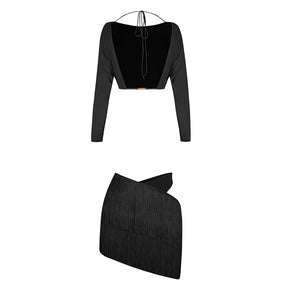 Women's Burgundy & Black Fringe Latin Dance Skirt Set with Long Sleeve Crop Top