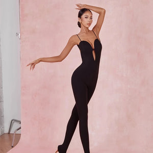 Women's Black Spandex Cut-Out Bodysuit Jumpsuit for Contemporary Dance