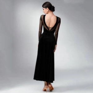 Women's Black & Red Velvet Mesh Ballroom Dance Dress with Open Back & Sweetheart Neckline, Latin Tango Waltz Foxtrot Gown