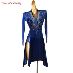 Latin Dance Dress Women Black Rhinestone Mesh Long Sleeve Keyhole Velvet Slit Skirt