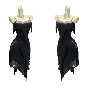 Women's Light Blue/Black Fringe Asymmetrical Hem Latin Dance Dress